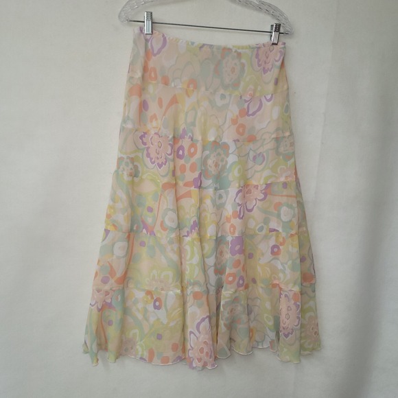 Floral Chiffon Maxi Skirt Pastel Multicolor Tiered Lightweight Feminine 6 Petite - Picture 1 of 8